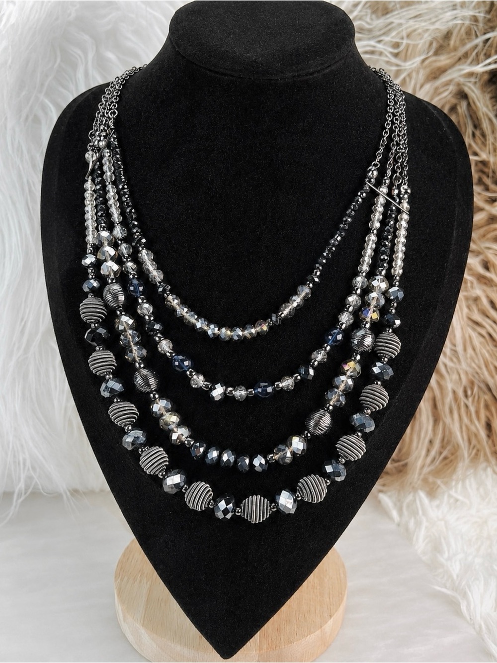 Beautiful, black, gray and clear, multi strand costume necklace